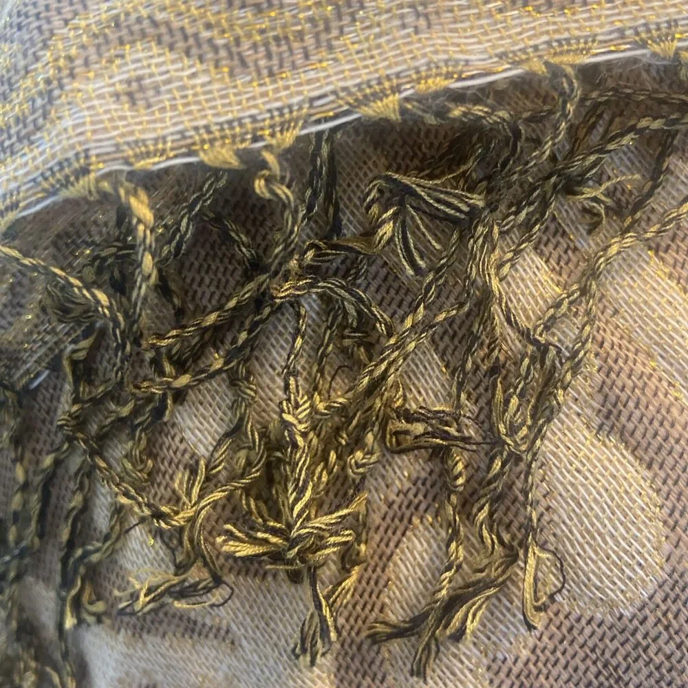 GOLD GLAM Metallic Thread Large Shawl Scarf With Tassels And Butterfly Print